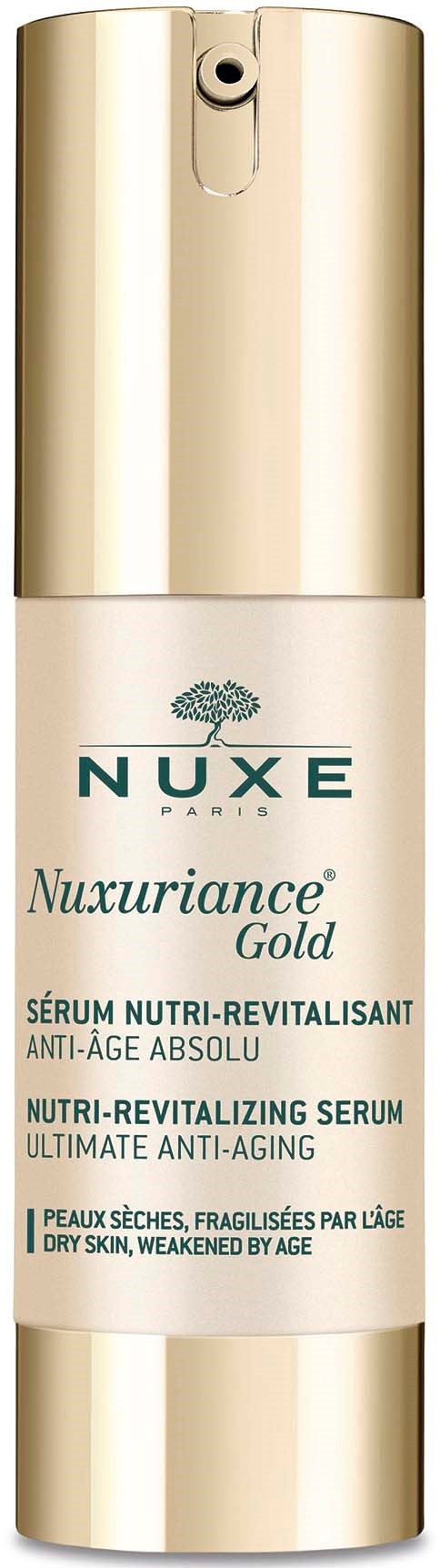 En flaske af NUXE Nuxuriance Gold anti-aldringsserum til tør hud, med guldfarvet låg og hvid etiket.