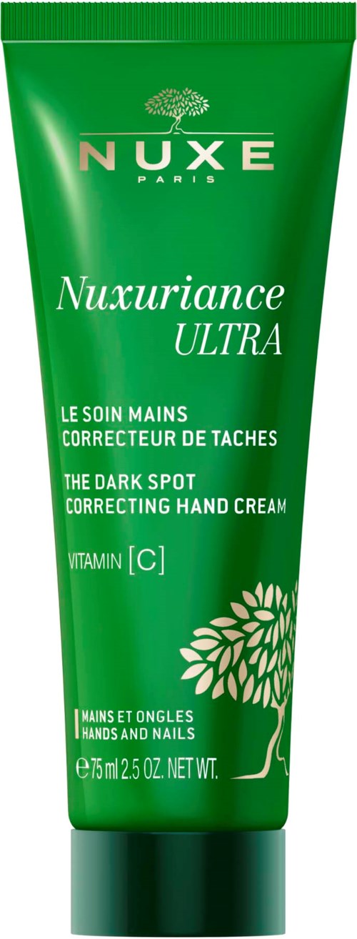 Grön tub med NUXE handkräm, vit text och en vit trädlogo.