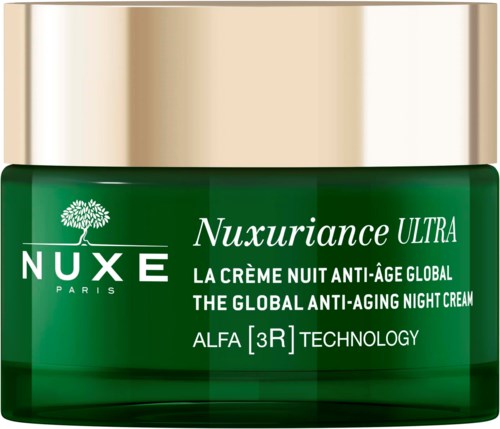 Grön burk med Nuxuriance Ultra nattkräm och gulddesign, märkt som en anti-åldrande hudvårdsprodukt med avancerad teknologi.