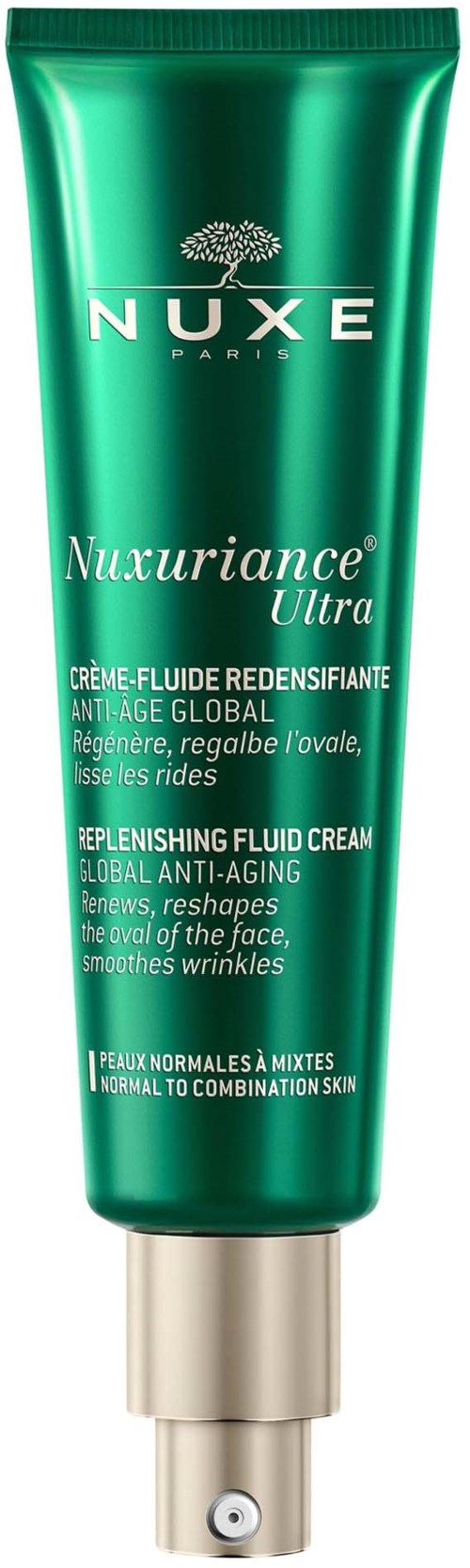 Grön tube av NUXE Nuxuriance Ultra anti-aging ansiktskräm med silverpump.