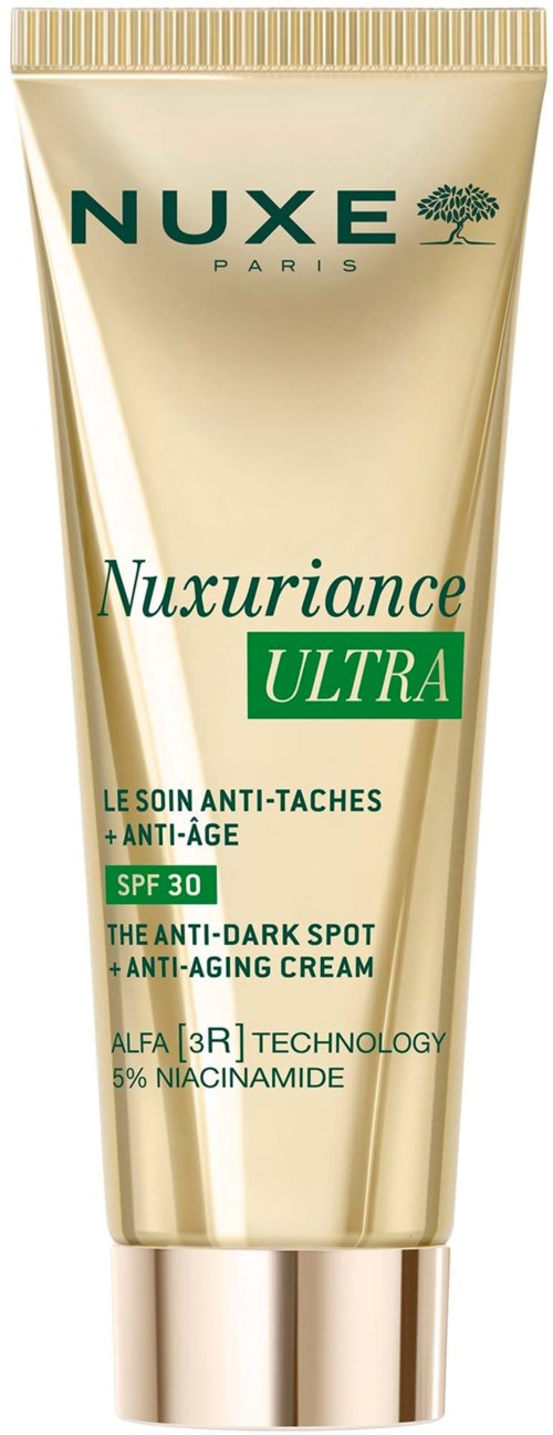 Gyllen tub med Nuxe Nuxuriance Ultra mot mörka fläckar och anti-agingkräm med SPF 30.