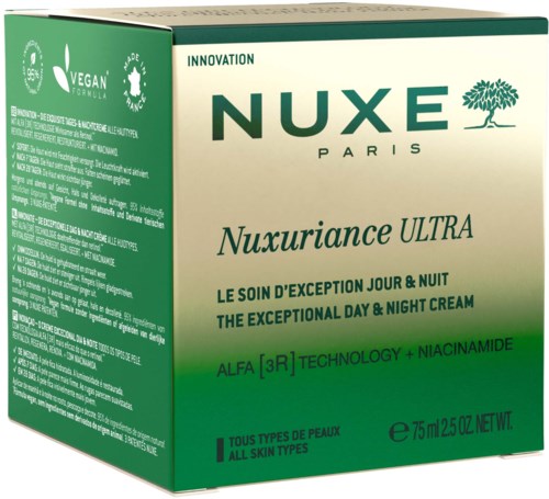 Förpackning med Nuxe ansiktskräm för dag och natt, med veganska och naturliga ingredienser, passar alla hudtyper.