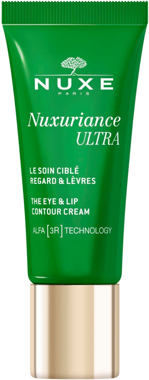 Grön tub med NUXE Nuxuriance Ultra ögon- och läppkonturkräm med guldlock.