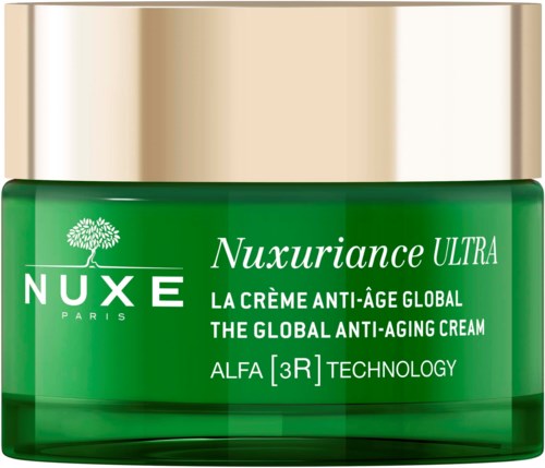 En grön burk med Nuxe Nuxuriance Ultra anti-aging crème, med guldkork och vit text.