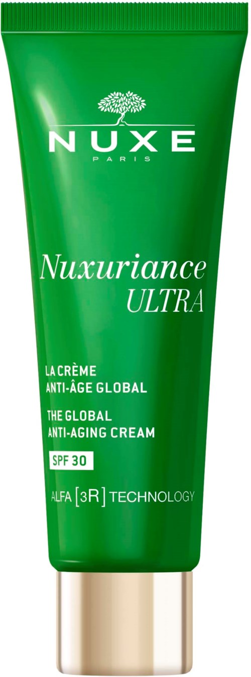 En grön tub med Nuxe Nuxuriance Ultra anti-aging kräm med SPF 30, med vit och guld text.