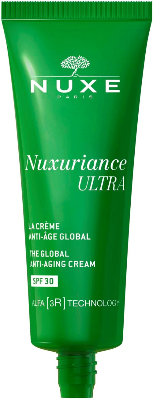 Grön tub med Nuxe anti-agingkräm med SPF 30, märkt Nuxuriance Ultra, har växtsymboler och produktdetaljer.