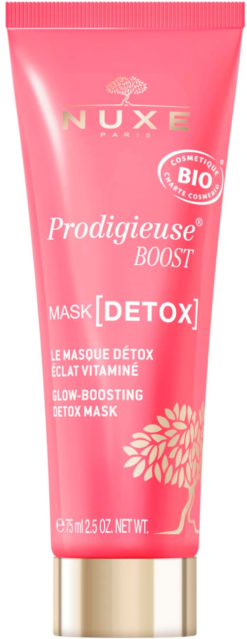 Rosa tub med Nuxe detox-ansiktsmask med vit och gul text, en liten logga högst upp och en blomsterdesign.