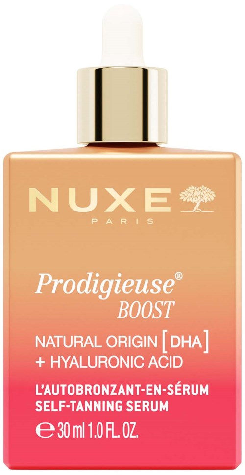 En hudvårdsserumflaska med pipett, märkt Nuxe Prodigieuse Boost, innehåller ingredienser som DHA och hyaluronsyra.