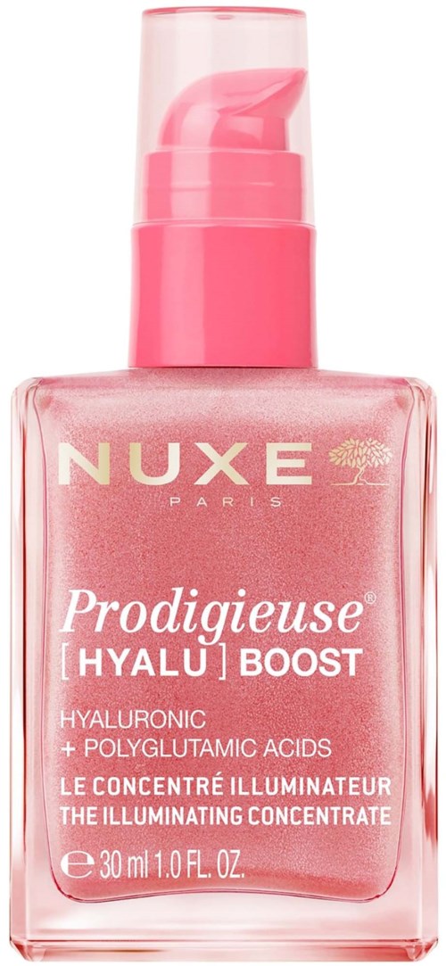 En rosa flaska från NUXE Prodigieuse Hyalu Boost med pump och vit och guldig text.