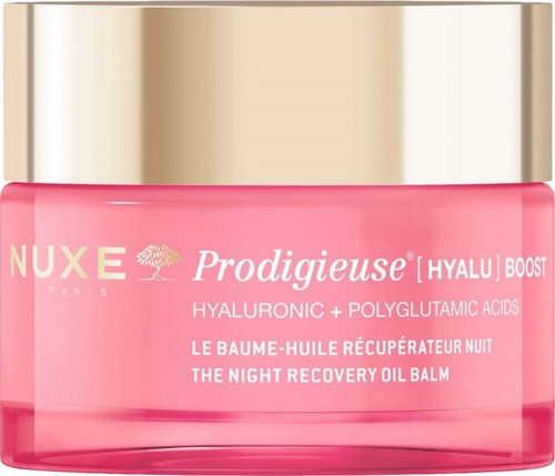 Lyserød krukke med guldlåg mærket NUXE Prodigieuse Hyalu Boost natbalsam.