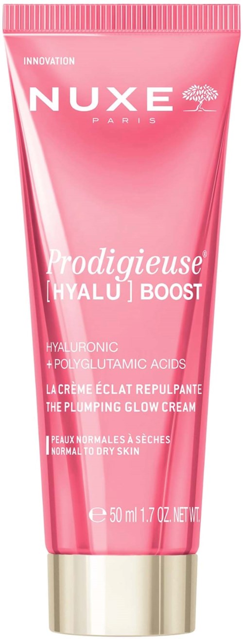 En rosa tub av Nuxe Plumping Glow Cream med hyaluronsyra och polyglutaminsyra för torr hud.