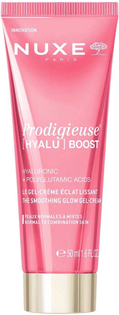 Rosa tub med vit och guld text från Nuxe Prodigieuse Hyalu Boost. Innehåller hyaluronsyra för jämnare hud.