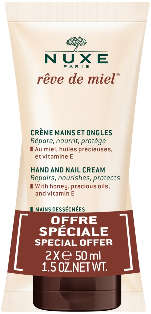Etikett för Nuxe hand- och nagelkräm med specialerbjudande om två 50 ml tuber.