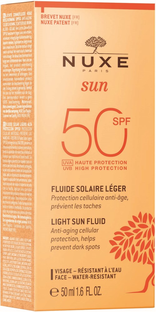 Ljusorange förpackning med svart och röd text om solskydd, SPF 50, vattenresistent och anti-aging.