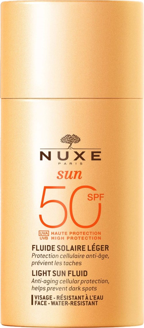 Lichtbeige fles met SPF 50 zonbescherming, anti-veroudering, waterbestendig, voor gezicht, met UV-bescherming.