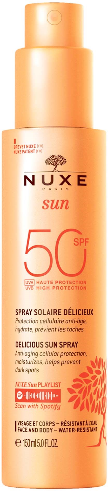 Nuxe solsprayflaska med SPF 50, orange färg, för solskydd, med pump. Text på franska och engelska.