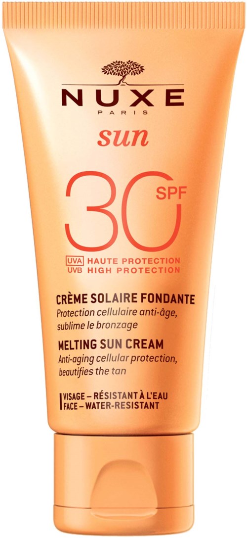 En tub med Nuxe Sun smältande solkräm med SPF 30, skydd för ansiktet, vattentålig, anti-aging och bronzing.