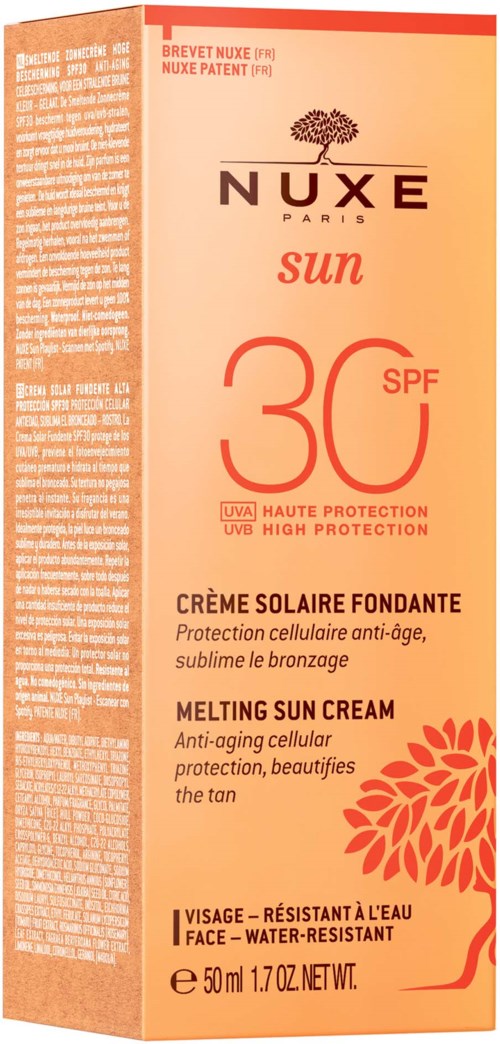 Nuxe Paris solskyddscreme med SPF 30, anti-aging, återfuktande och vattenavvisande, i ett persikofärgat rör med orange bladdesign.