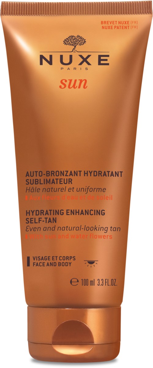En brun tub med brun utan solkräm från Nuxe Sun för ansikte och kropp, ger ett naturligt solbränneffekt.