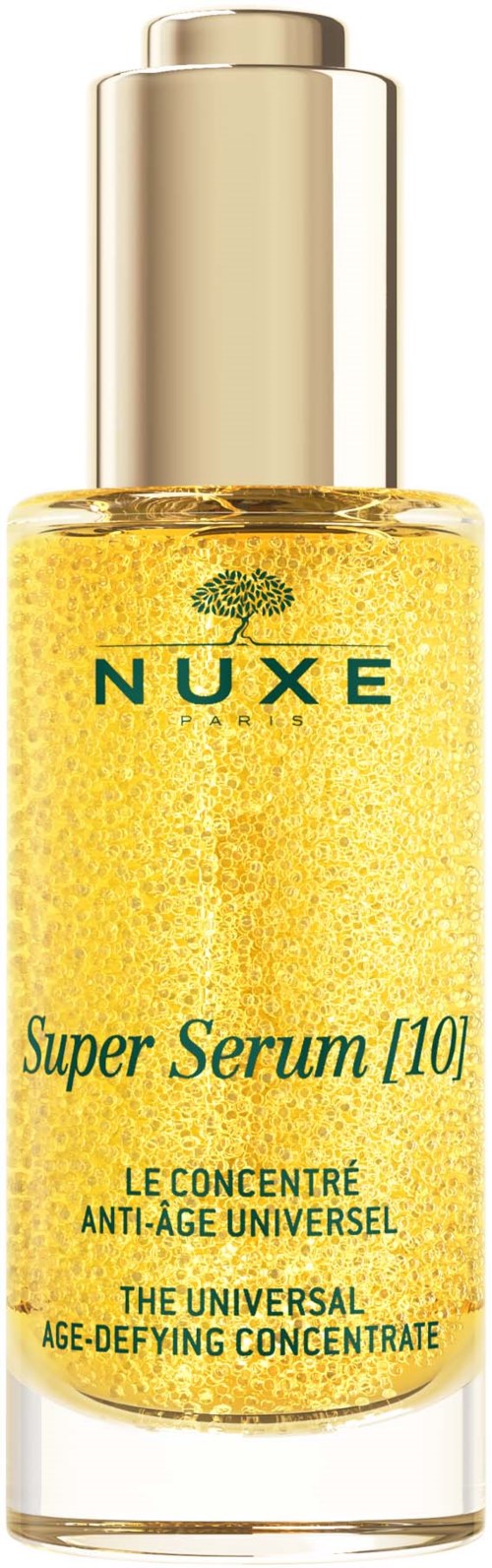 En tydlig glasflaska med gul vätska, guldlock, märkning för NUXE Super Serum, märkt som anti-aging-behandling.