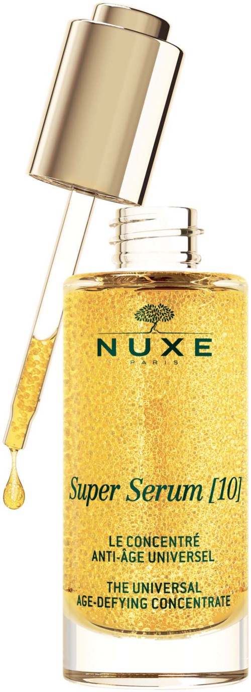 En gul serumflaska med en droppare, märkt NUXE Super Serum, anti-ålder, universell åldersdämpande koncentrat.