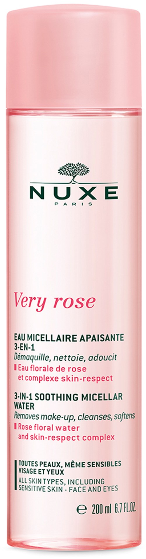 En rosa och klar flaska Nuxe Very Rose lugnande micellärt vatten för känslig hud, innehållande rosvatten och hudrespektkomplex.