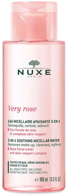 A pink bottle of Nuxe Very Rose calming micellar water for face and eyes, contains 400 ml, designed for sensitive skin.