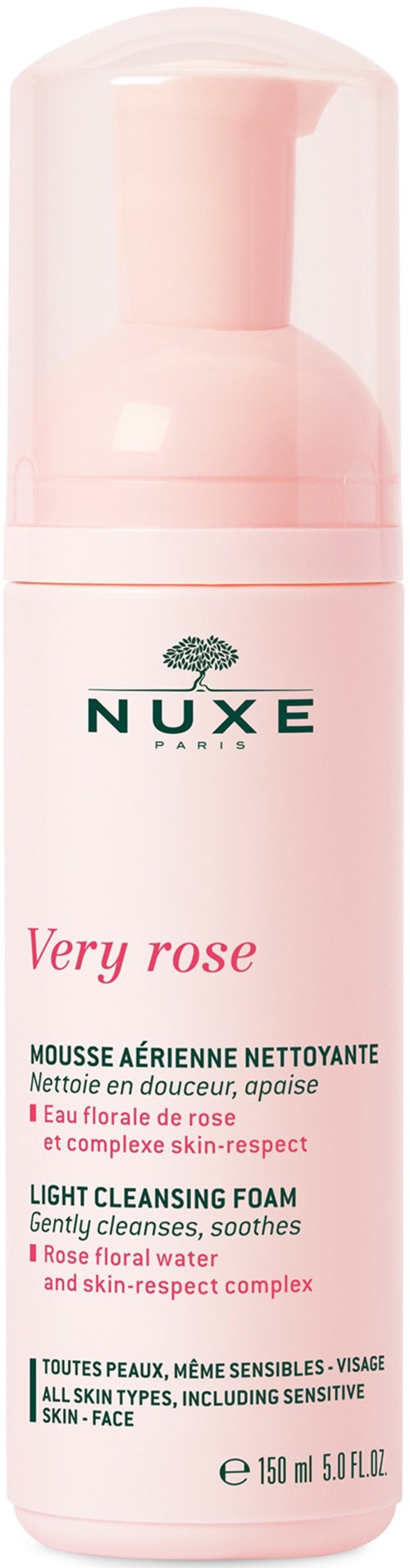 Ljusrosa flaska av Nuxe Very Rose ansiktsrensskum med pump, mild och lugnande för känslig hud.
