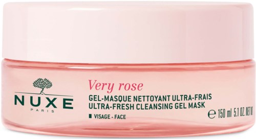 En rosa burk med Nuxe Very Rose rengöringsgelmask för ansiktet, 150 ml, med rosa lock och produktetikett.