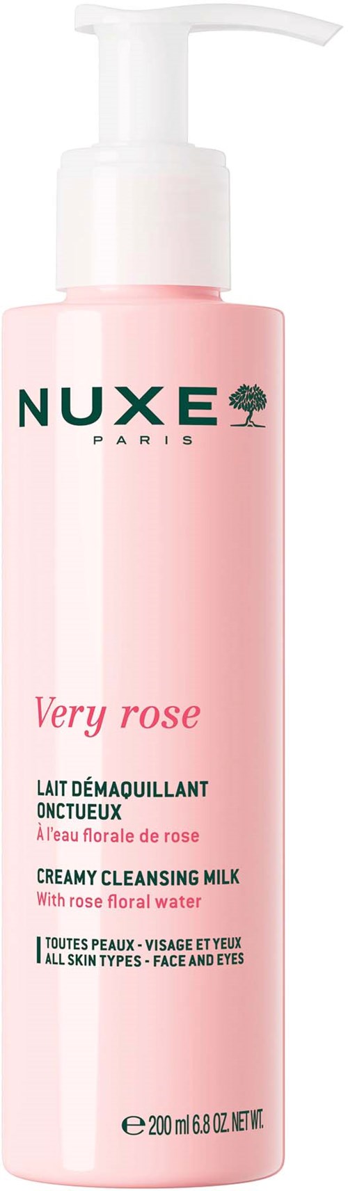 En rosa flaska med Nuxe Very Rose rengöringsmjölk med pump, för ansikte och ögon, lämplig för alla hudtyper.