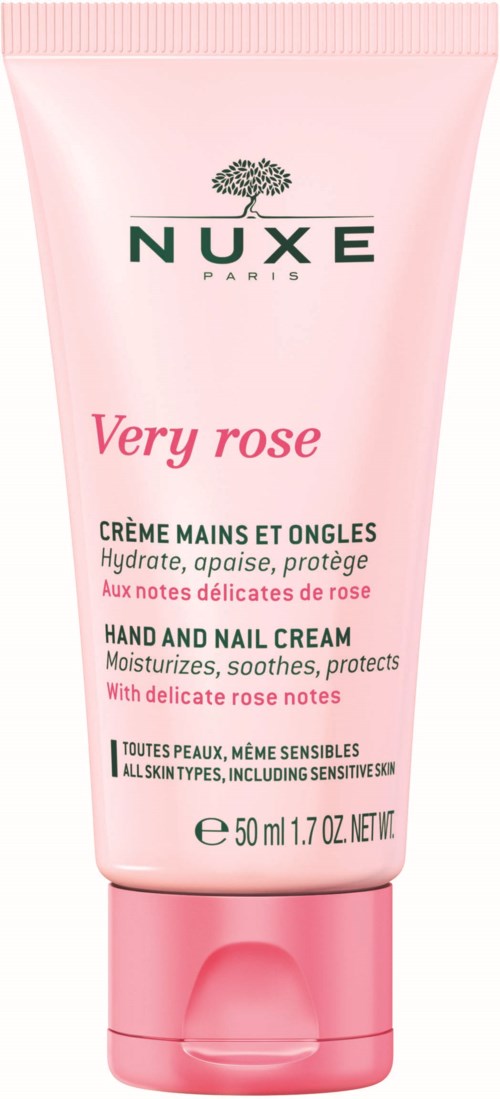 En rosa tub med Nuxe Very Rose hand- och nagelkräm med rosnoter, återfuktar och skyddar.