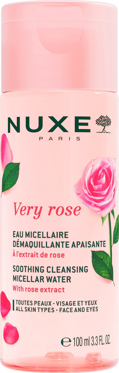 Pink bottle with rose flower images and NUXE Paris branding for soothing cleansing micellar water.
