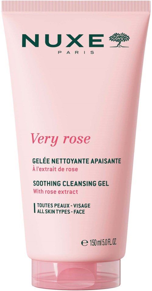 En rosa tub med Nuxe Very Rose lugnande rengöringsgel med rosextrakt för alla hudtyper.