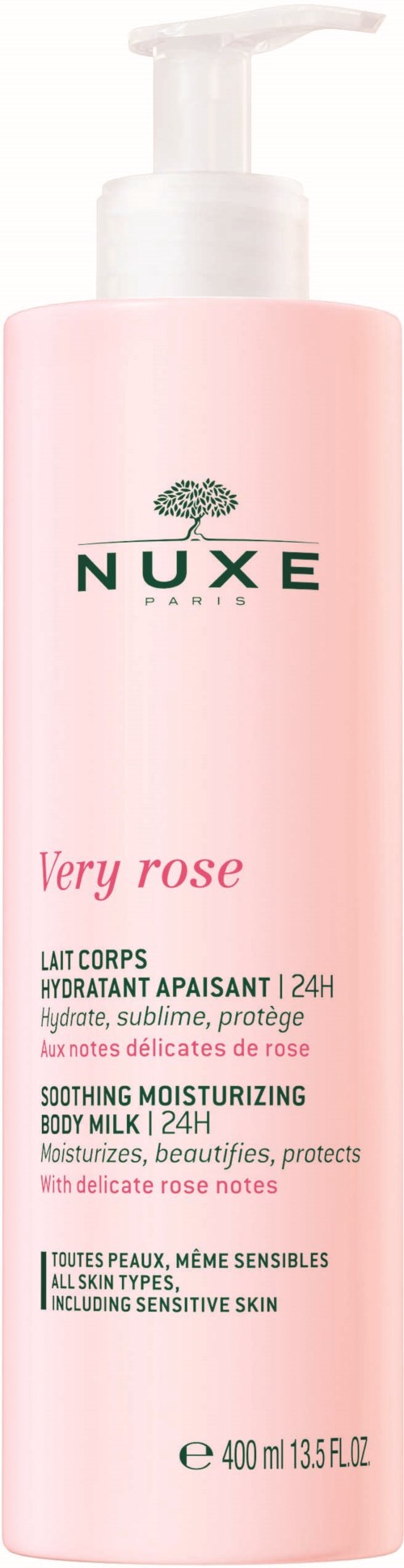 En rosa flaske med pumpe, merket Nuxe Very Rose body lotion, egnet for sensitiv hud. Den nevner fukting og beskyttelse.