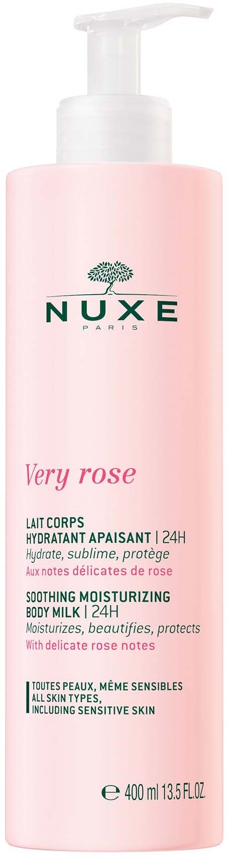 Różowa butelka Nuxe Veru Rose łagodzącego mleczka do ciała z pompką, dla wrażliwej skóry, 400 ml.