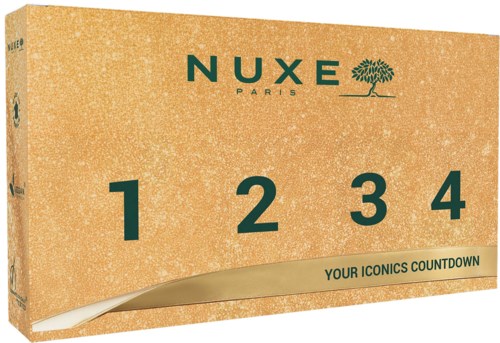 Nuxe Paris adventskalender med numrerade luckor från 1 till 4, märkt Din ikoniska nedräkning.