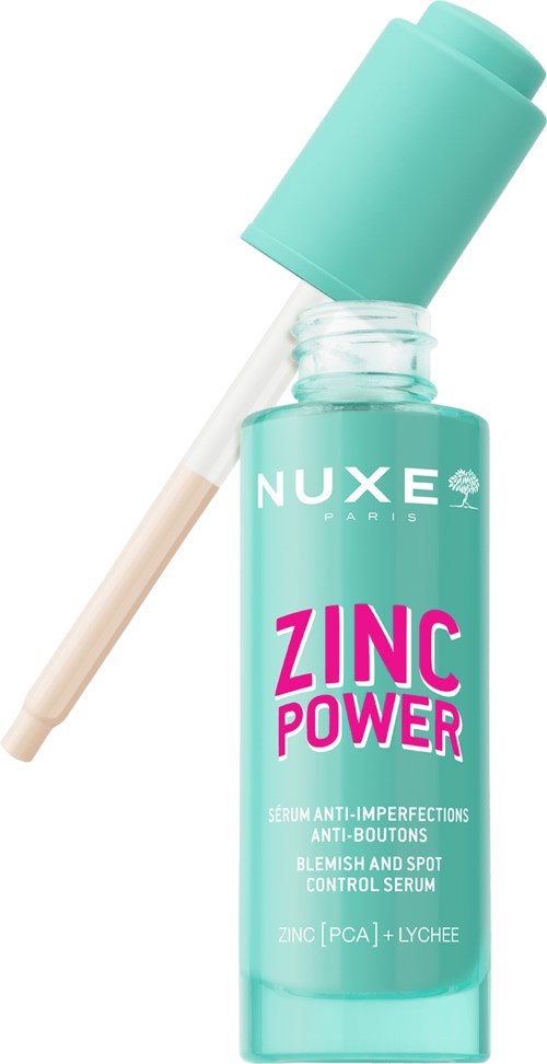 En turkosflaska med pipett, märkt NUXE Zinc Power anti-blemish serum för finnar och prickar.