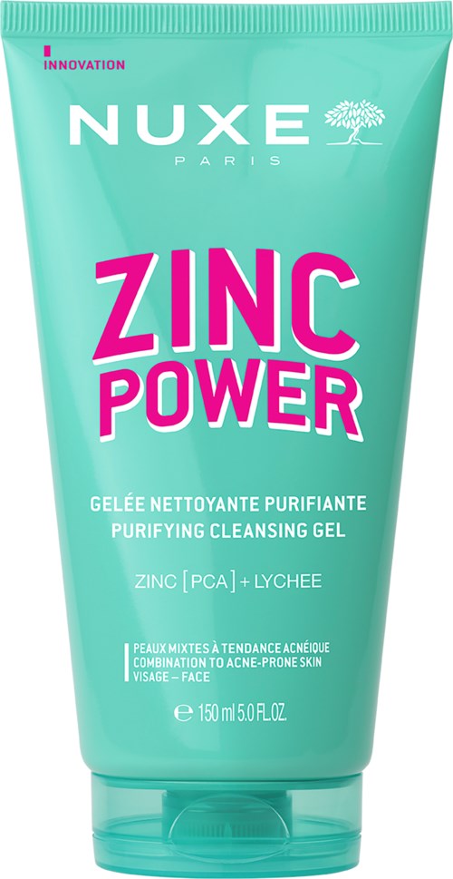 En grøn tube mærket 'Nuxe Zinc Power Purifying Cleansing Gel' med pink og hvid tekst til hudpleje.