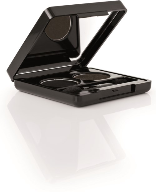 En svart makeup-palett med två cirkulära ögonskuggor och en spegel i locket.