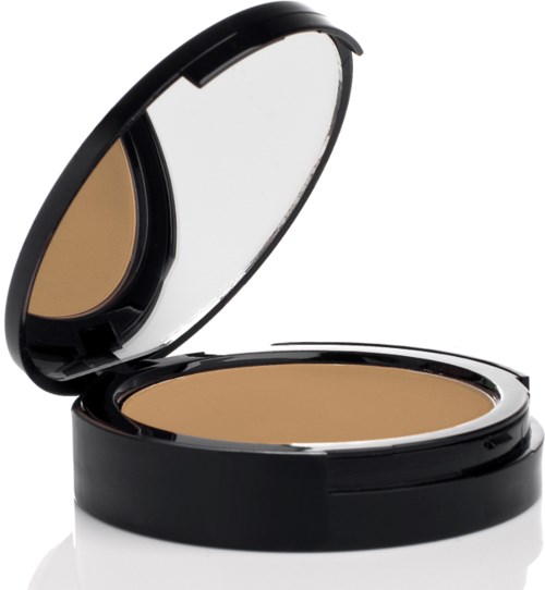 En liten spegel och ett beige puder i en svart förpackning.