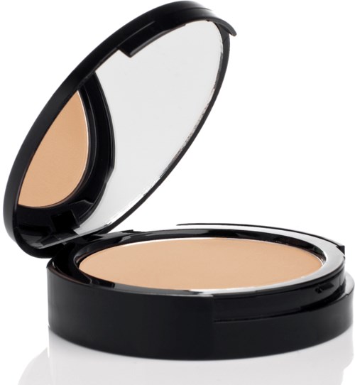 En compact med beige puder och en spegel i locket.