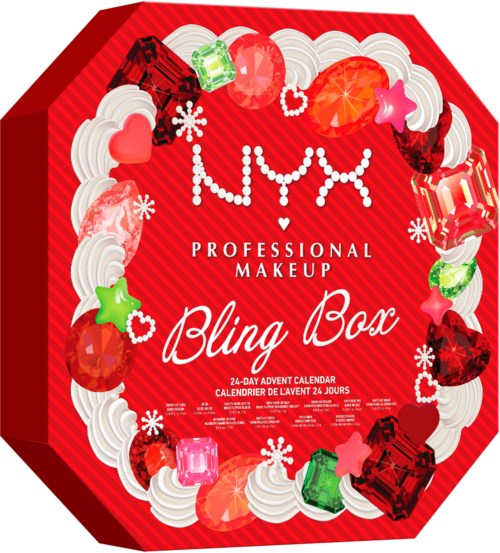 NYX professionele make-up Bling Box feestdagen adventskalender met rode, witte en gekleurde juweelversieringen en feestelijke sneeuwvlokken.