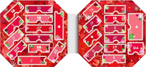 Kerst adventskalender met genummerde deuren, versierd met sneeuwvlokken en feestelijke ornamenten.