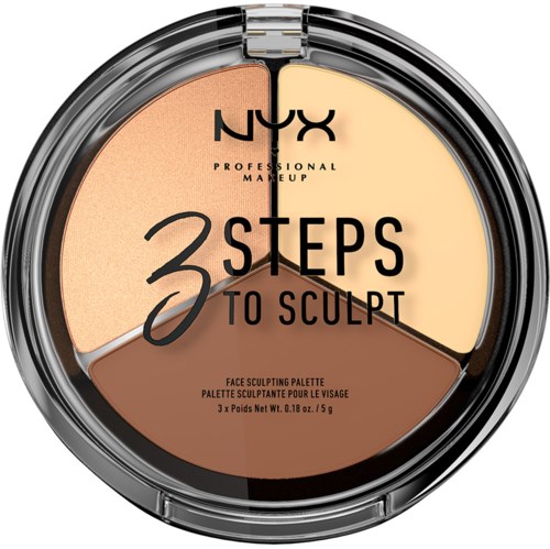 En rund makeuppalett med tre nyanser och NYX-logotypen, märkt som en ansiktssculptingspalett.