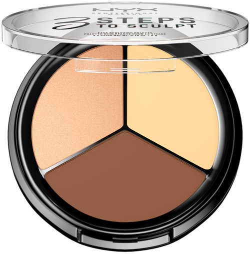 En liten makeuppalett med tre nyanser: persika, gult och brunt. Den har ett tydligt lock med svart text.