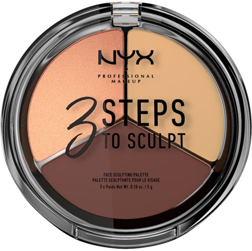 A round makeup palette with three colors: peach, beige, and brown, labeled as NYX Professional Makeup for sculpting.