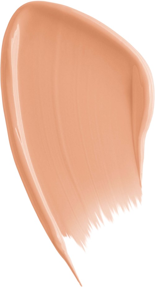 A large, peach-colored makeup brush smear with a pointed tip and soft edges.