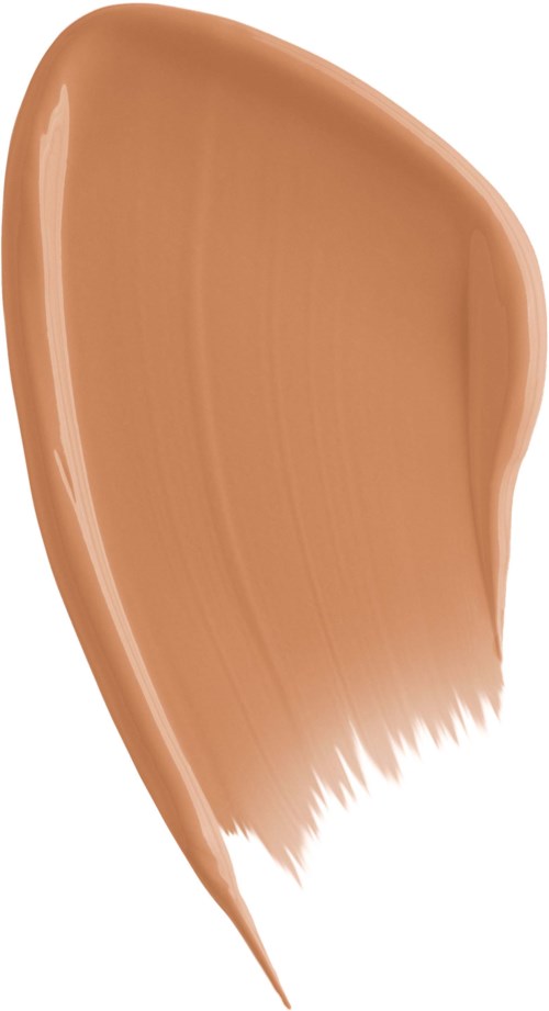 En färgad provfläck av beige flytande makeup eller foundation med en slät textur och en spetsig ände.