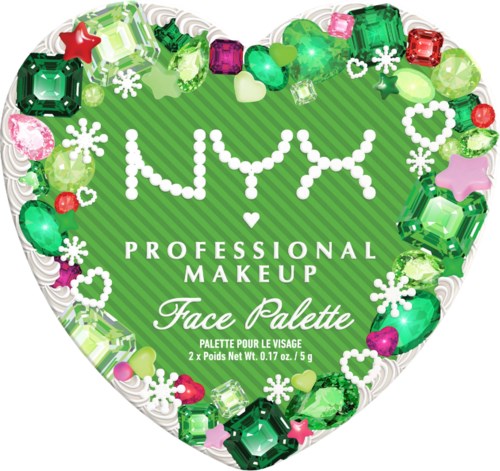 Herzförmige Kosmetikschachtel mit grünen Streifen und bunten Edelsteinen, mit NYX-Logo und Text für professionelles Make-up-Palette.