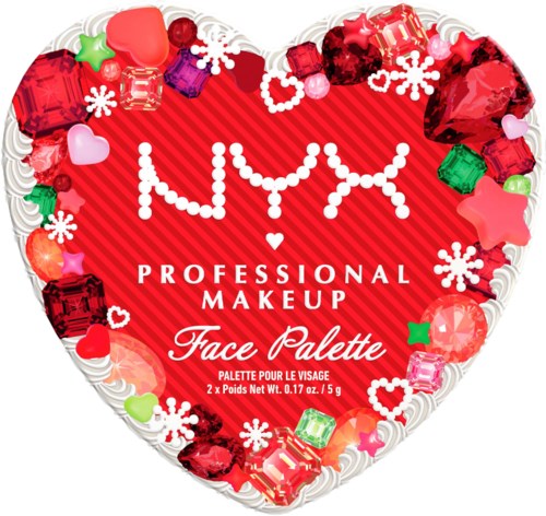 Herzförmige Make-up-Palette mit Weihnachtsdeko, rotem Hintergrund und weißen Text mit NYX Professional Makeup Face Palette.